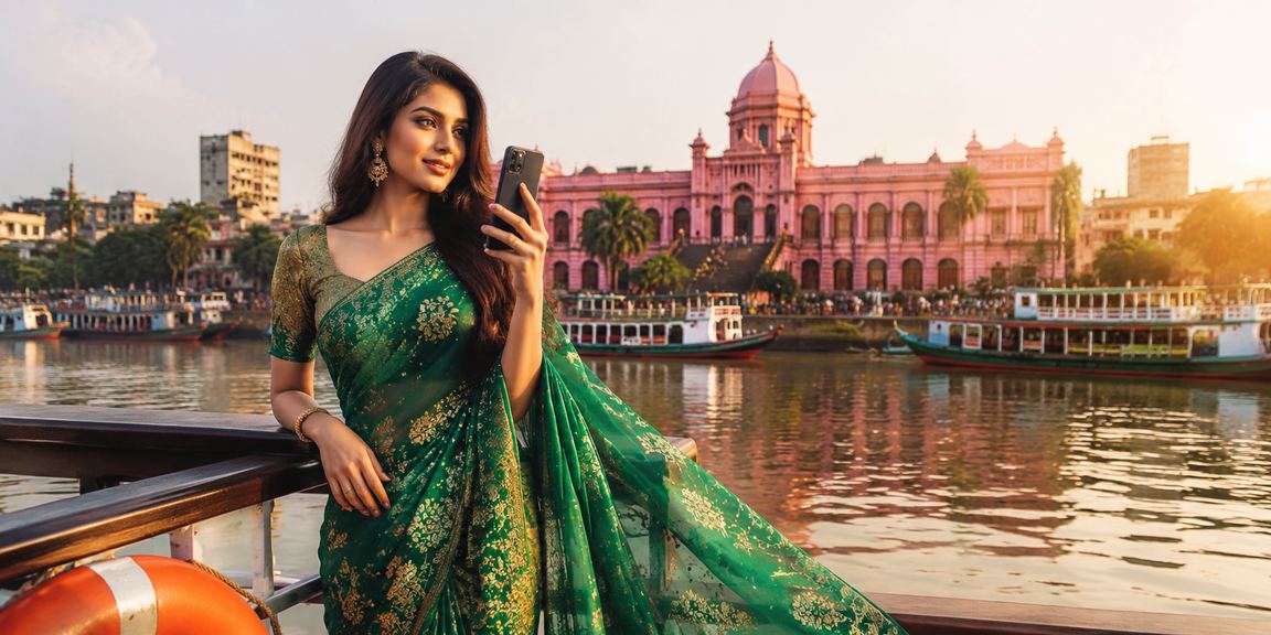 ঢাকায় শাড়ি পরিহিতা নারীর মোবাইলে ক্যাসিনো খেলার উপভোগময় দৃশ্য হাই রোলার বিভাগে